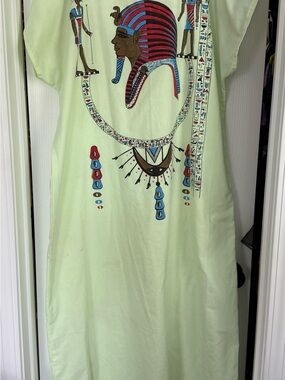 Vintage Egyptian Motif Light Green Cotton Kaftan